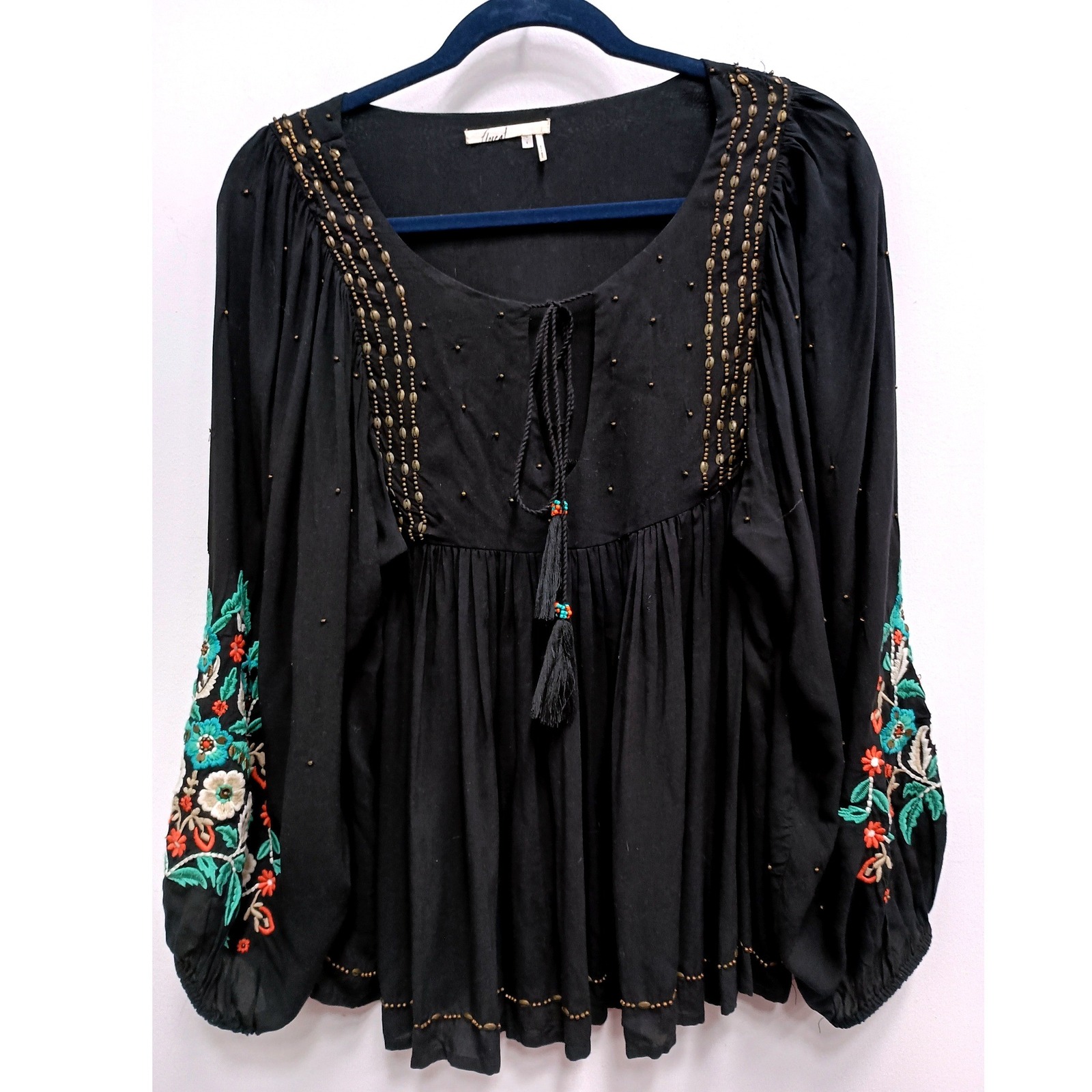 Floreat Anthropologie Peasant Boho Top Womens Small Black Embroidered Tassel